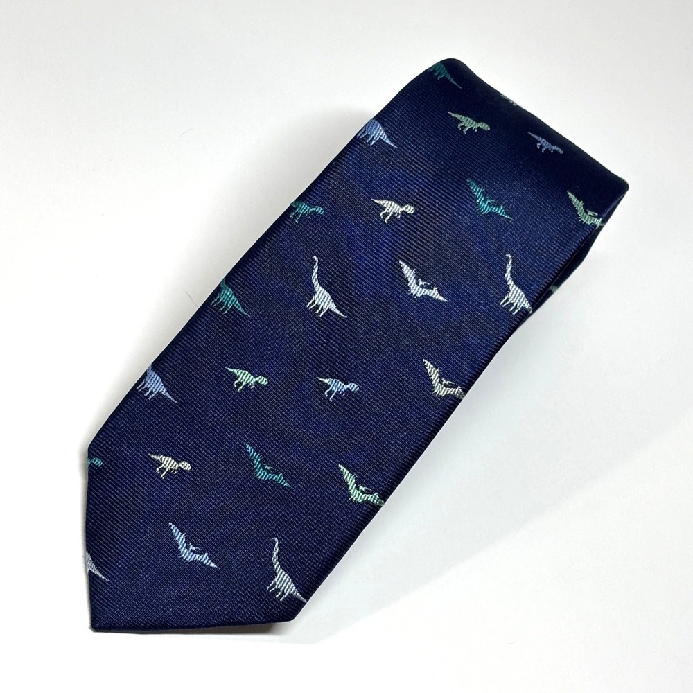 Crewcuts Necktie Boys OS Navy Blue Silk Dinosaur Pattern 52 Inch